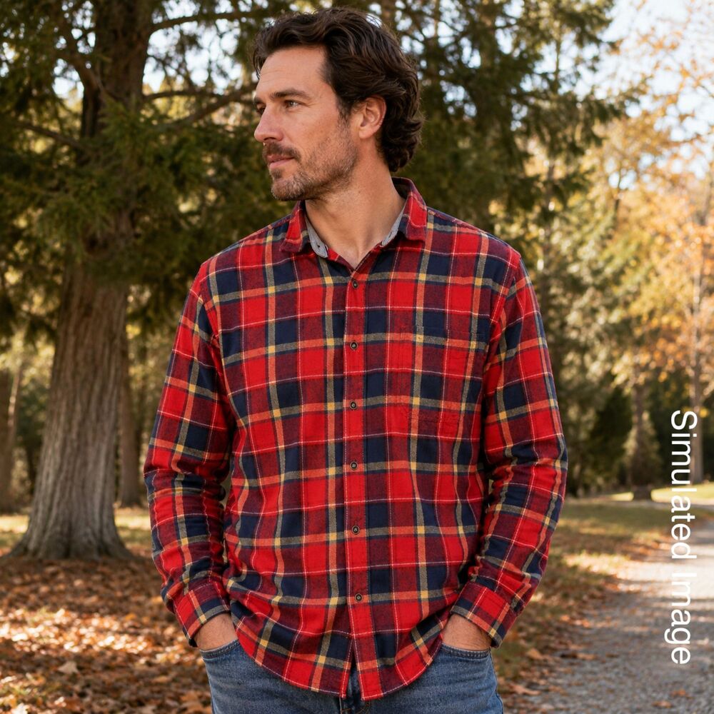Lee Men's XL Stretch Flannel Shirt Red Navy Plaid Regular Fit Button Up